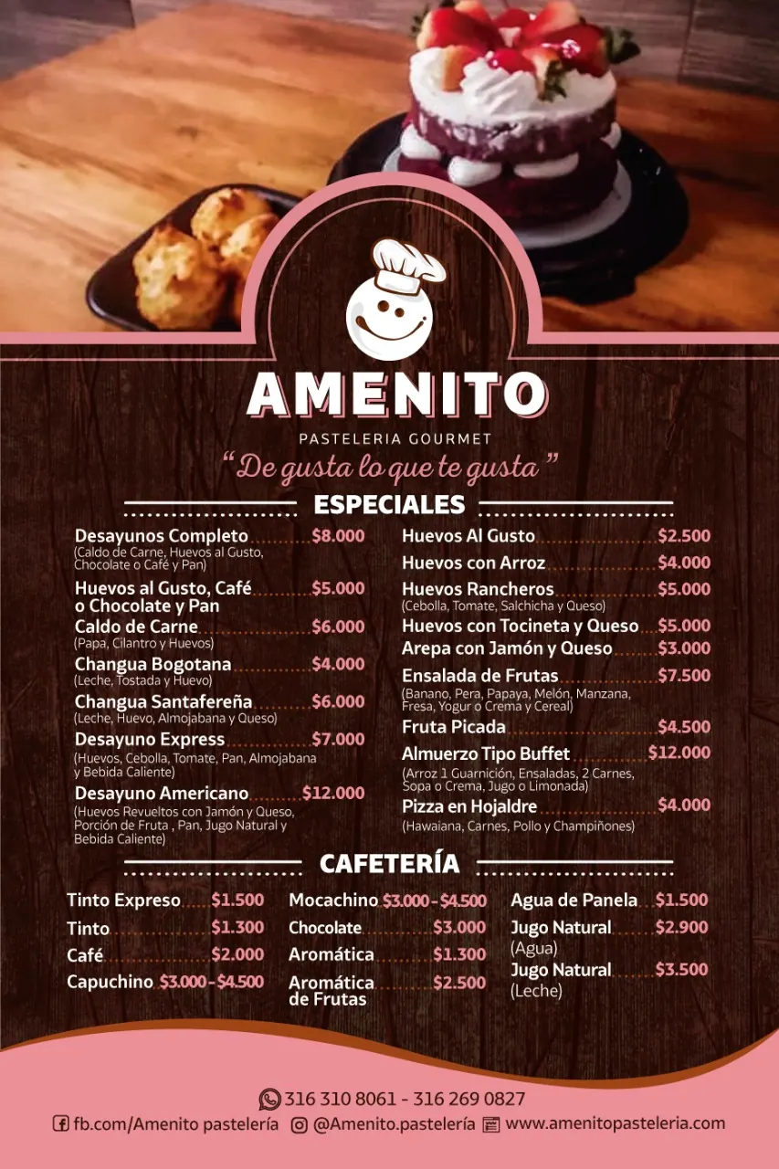 Fotografía de la carta impresa de especiales y cafetería de Amenito